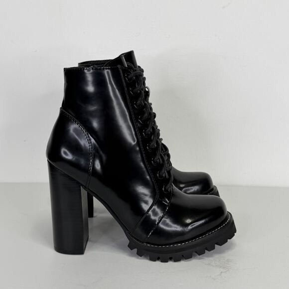JEFFREY CAMPBELL Black Leather Bootie Lug Sole Chunky Block Heel Womens 6.5 Goth - Picture 4 of 11